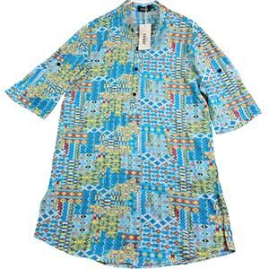 Jogal Dashiki 1/4 Button Shirt Men's Large Blue‎ African Style Long Length New
